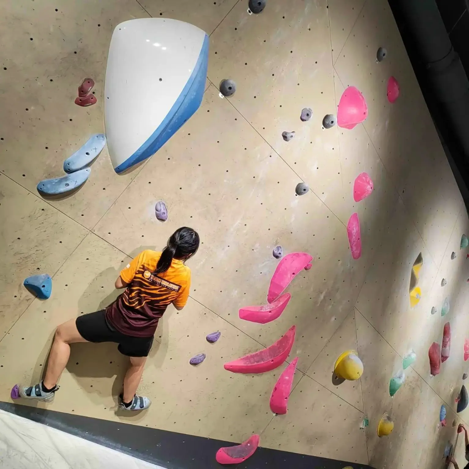 A Hivekind employee wall climbing